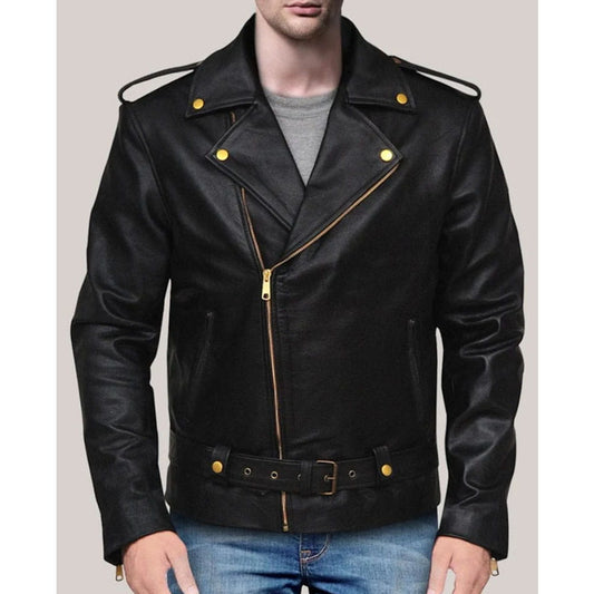 A man wearing a black leather motorcycle jacket with gold-tone hardware, including snap buttons, zipper details, and a matching belt, paired with blue jeans against a solid light gray background.