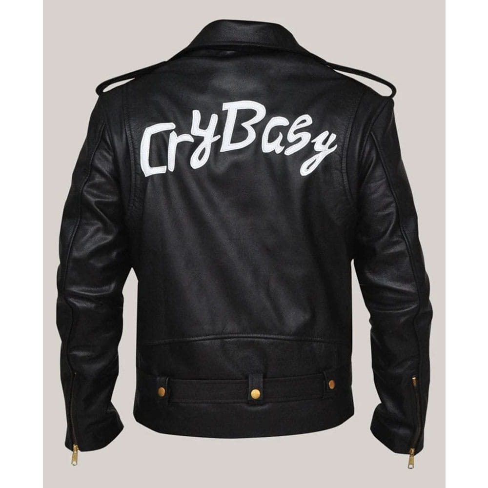Black leather jacket shown from the back, featuring the word 'CryBaby' printed in large white script across the upper back, with gold-tone snap and zipper details.