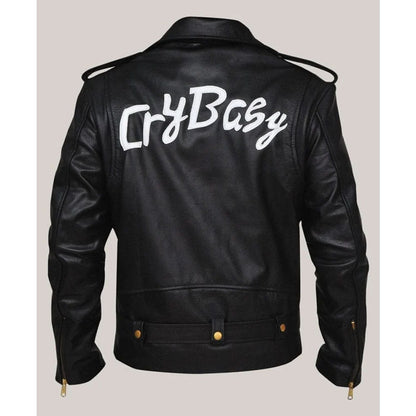 Black leather jacket shown from the back, featuring the word 'CryBaby' printed in large white script across the upper back, with gold-tone snap and zipper details.