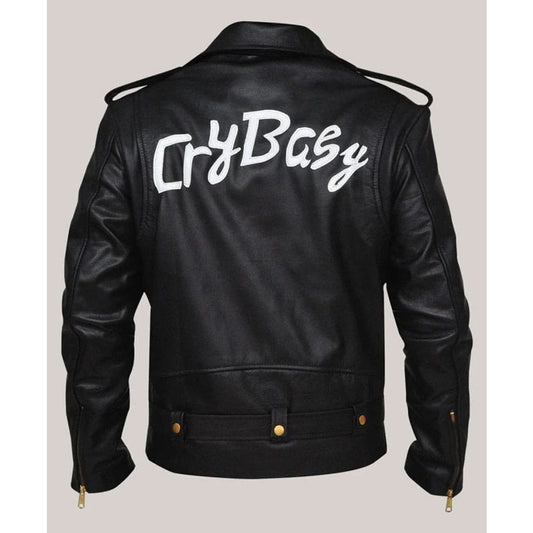 Black leather jacket shown from the back, featuring the word 'CryBaby' printed in large white script across the upper back, with gold-tone snap and zipper details.