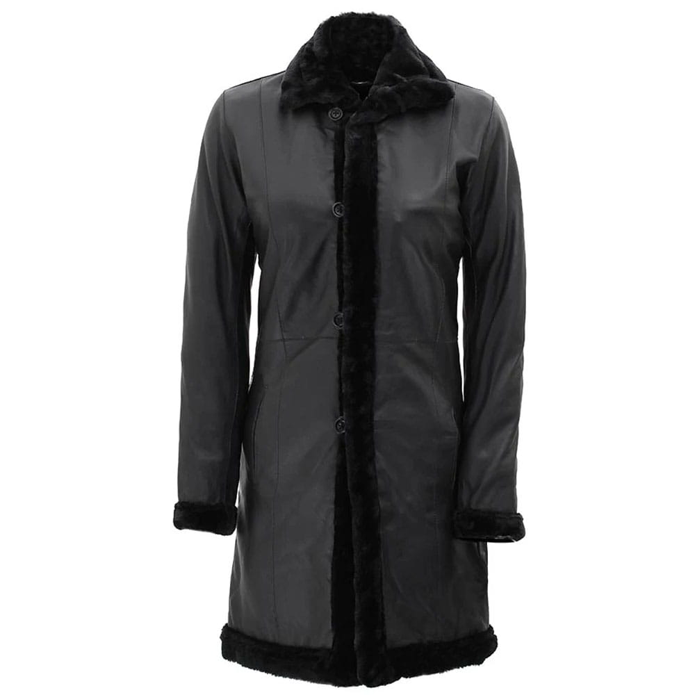 A black mid-length coat with a dark gray textured body and contrasting black faux-fur trim along the collar, front opening, cuffs, and hem, shown against a plain white background.