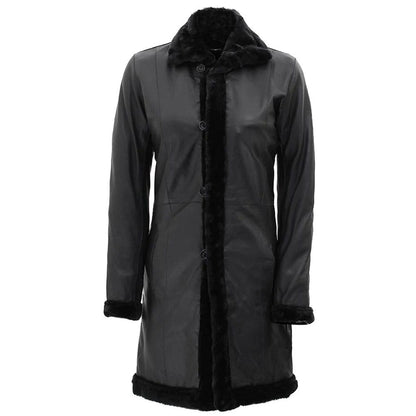 A black mid-length coat with a dark gray textured body and contrasting black faux-fur trim along the collar, front opening, cuffs, and hem, shown against a plain white background.