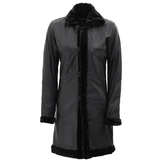 A black mid-length coat with a dark gray textured body and contrasting black faux-fur trim along the collar, front opening, cuffs, and hem, shown against a plain white background.