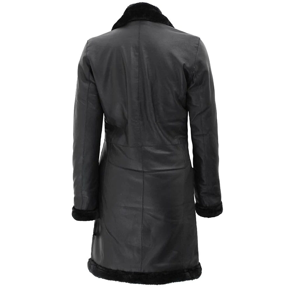 A black faux-leather coat with black faux-fur trim on the collar, cuffs, and hem, shown from the back against a plain white background.