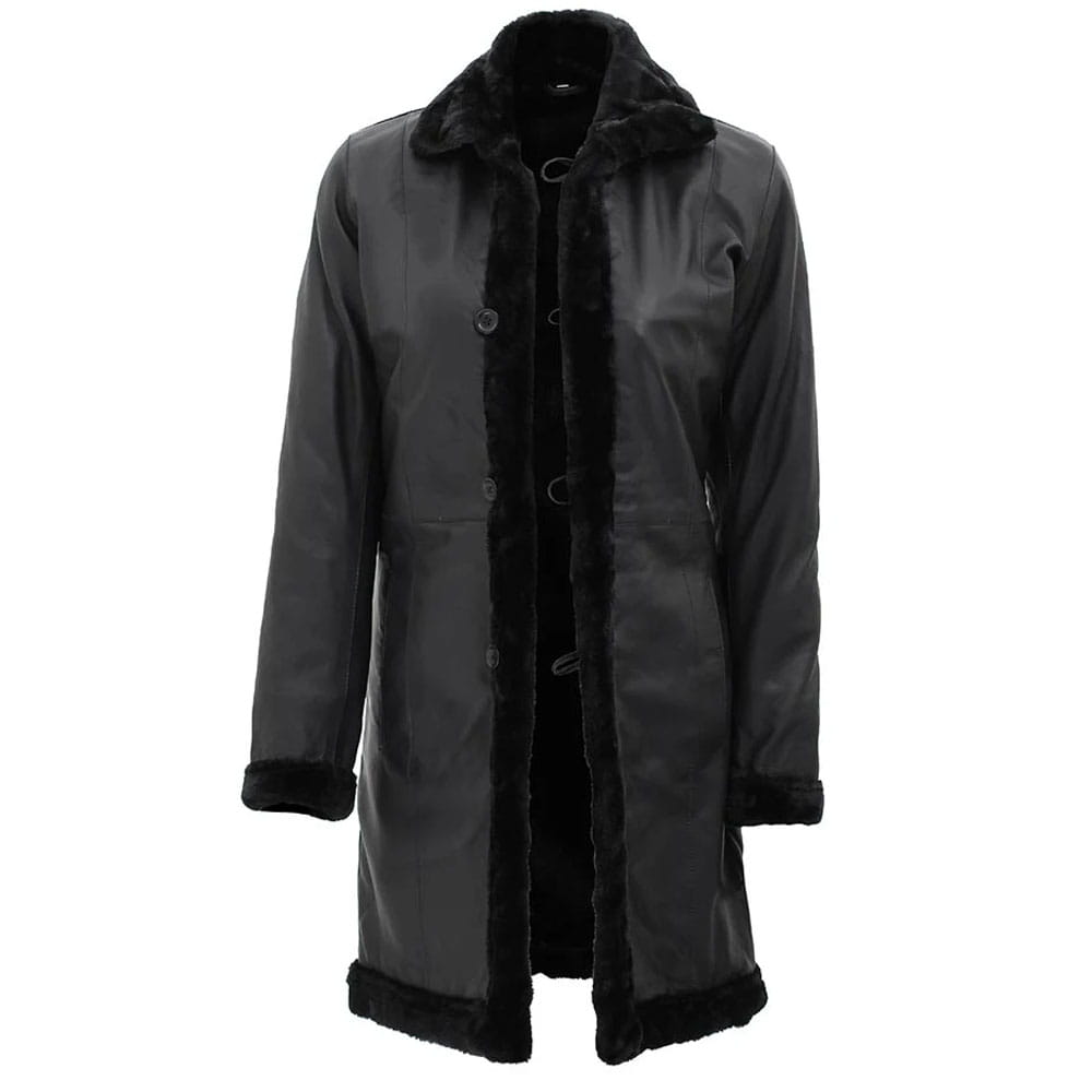 A black mid-length coat with a dark gray faux-leather body and black faux-fur trim on the collar, cuffs, and front opening, shown against a plain white background.