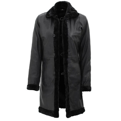 A black mid-length coat with a dark gray faux-leather body and black faux-fur trim on the collar, cuffs, and front opening, shown against a plain white background.