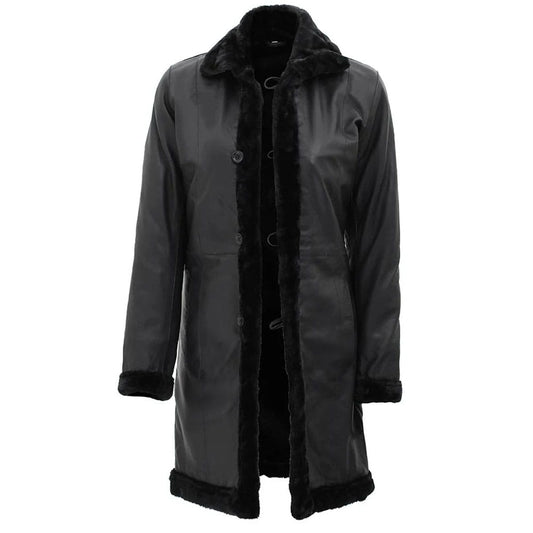 A black mid-length coat with a dark gray faux-leather body and black faux-fur trim on the collar, cuffs, and front opening, shown against a plain white background.