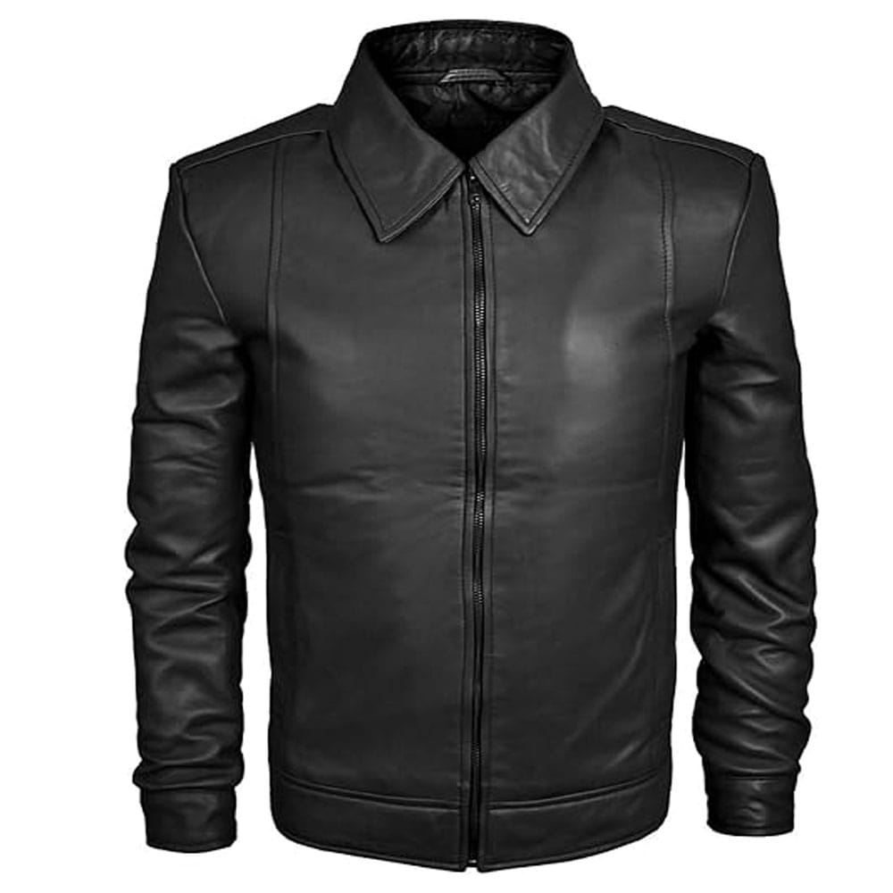 A black leather jacket with a pointed collar, front zipper, and ribbed cuffs and hem, shown on a plain white background.