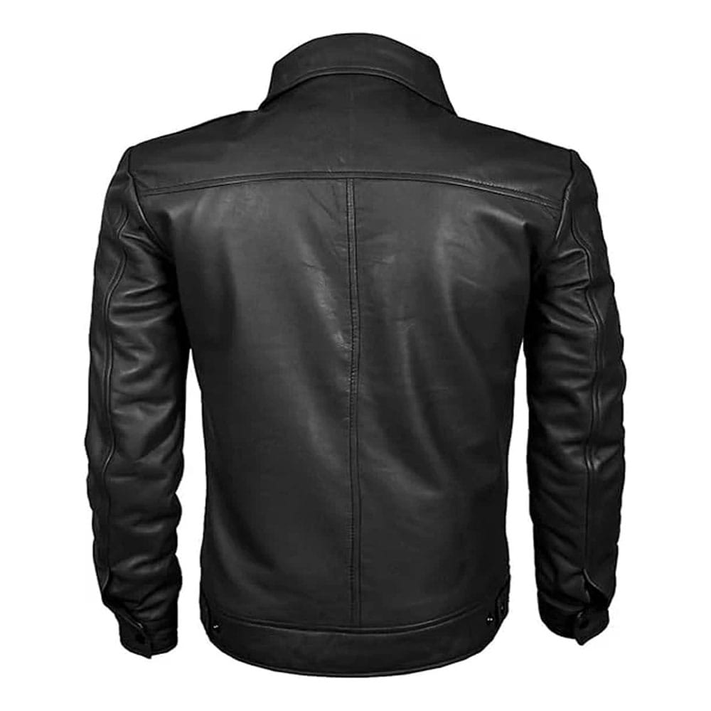 A black leather jacket shown from the back, featuring a high collar, long sleeves, and a central seam running down the back, photographed against a solid white background.