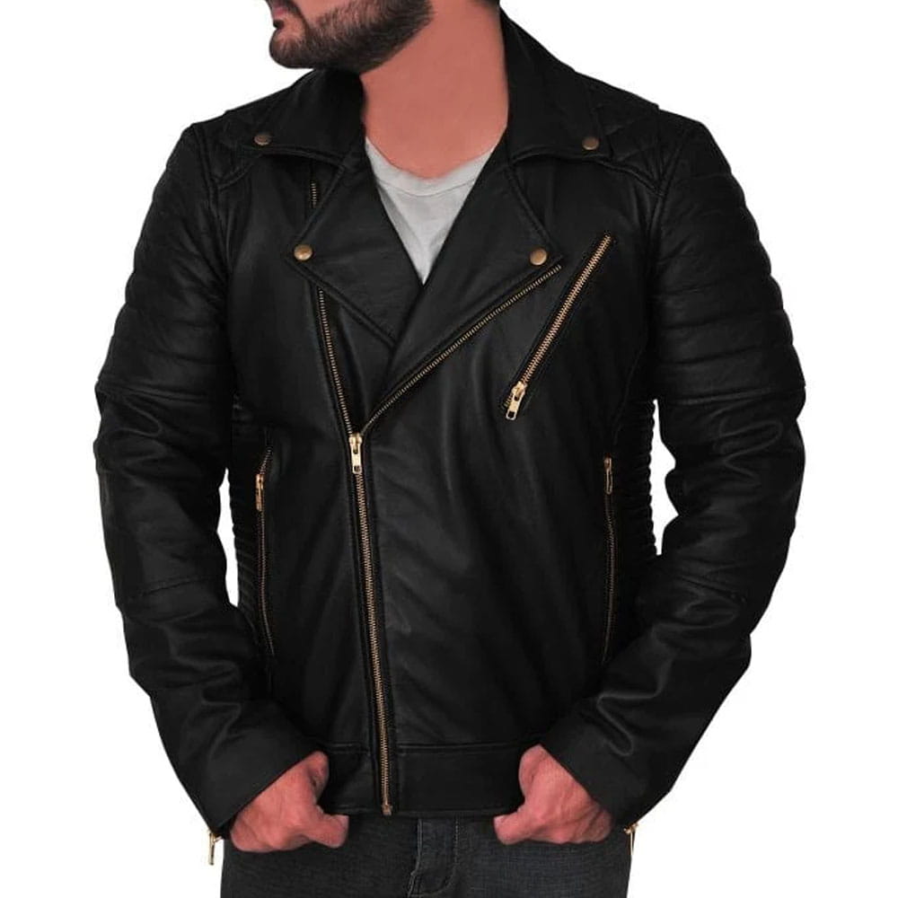 A man wearing a black leather biker jacket with gold-tone zippers, shown from the chin down against a plain white background.