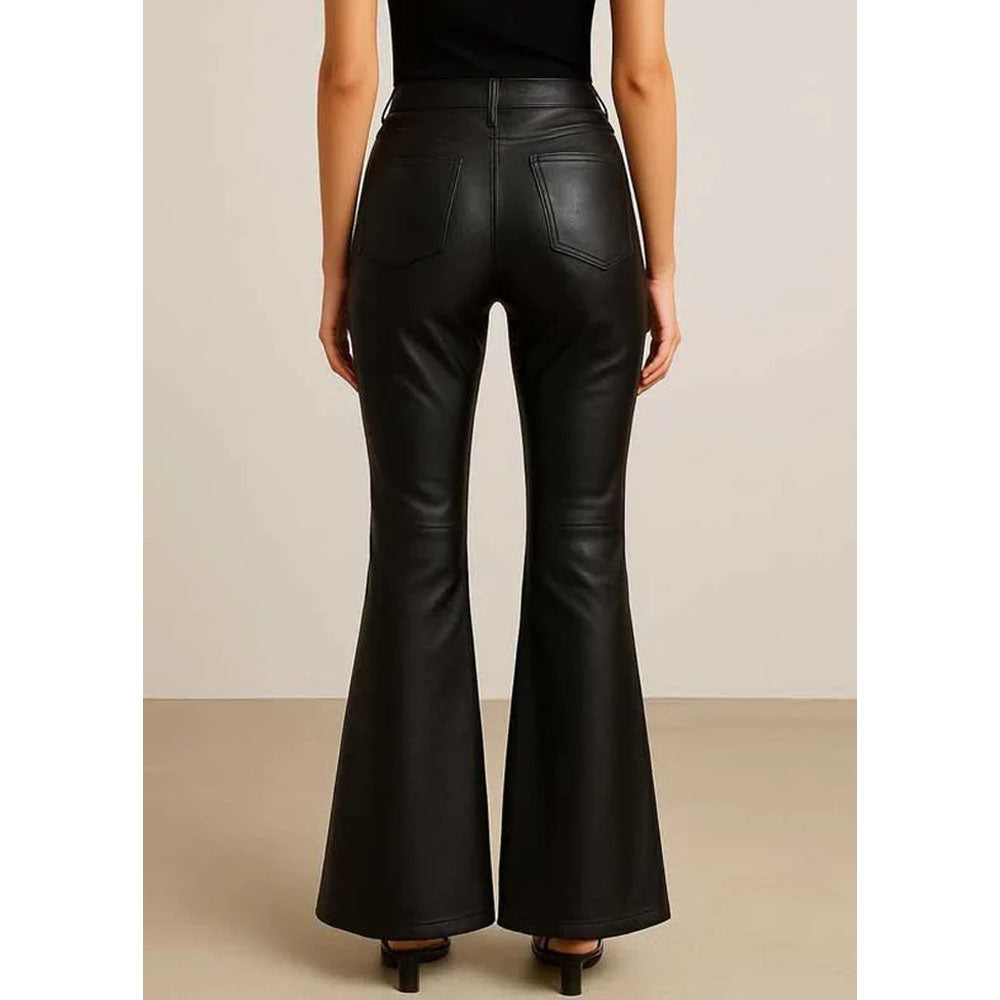 Black faux leather flare pants shown from the back on a model, featuring a high waist, back pockets, and a flared leg.