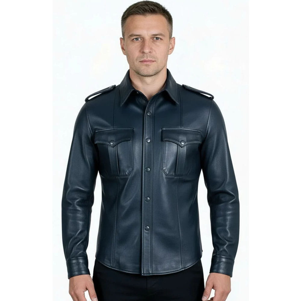 A man wearing a dark navy blue leather military-style shirt jacket with shoulder epaulets and two chest pockets, photographed against a plain white background.