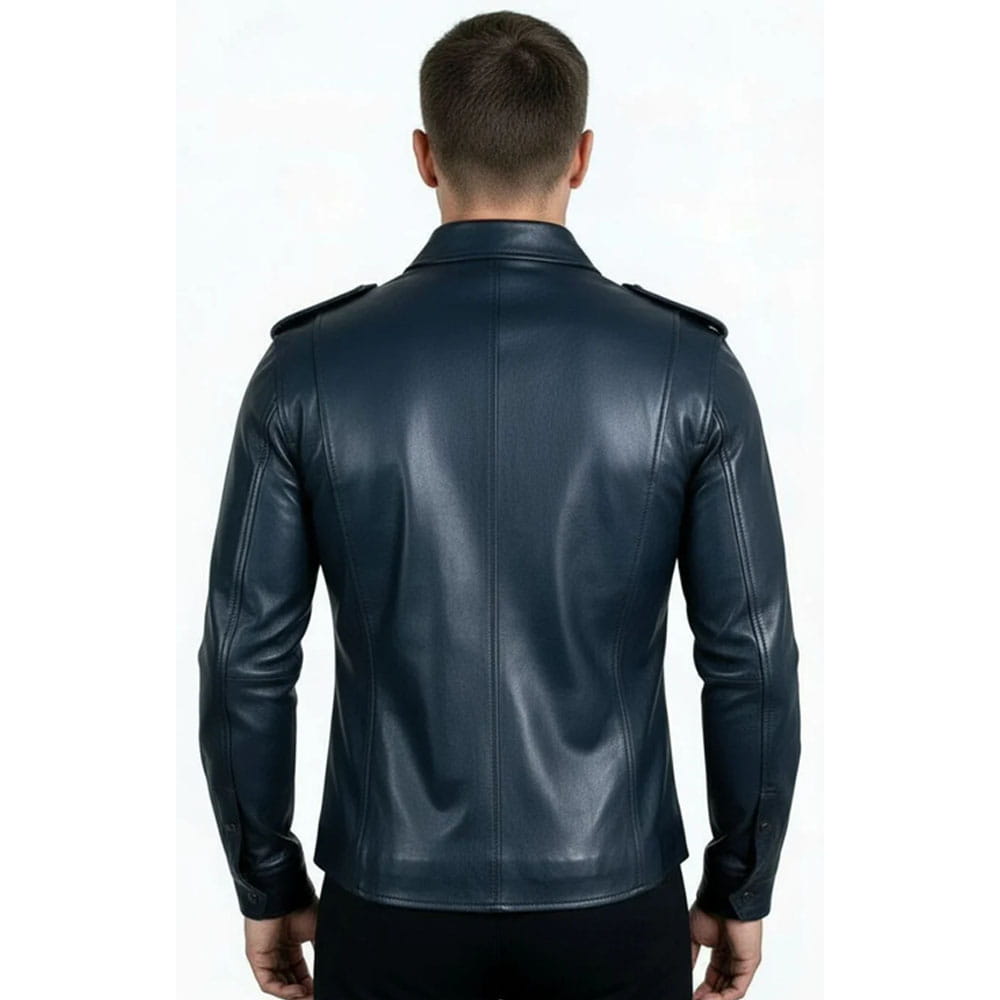 A man viewed from the back wearing a dark navy blue leather jacket with shoulder epaulets, set against a plain white background.