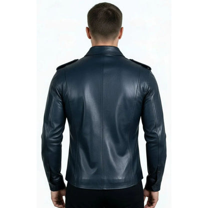 A man viewed from the back wearing a dark navy blue leather jacket with shoulder epaulets, set against a plain white background.