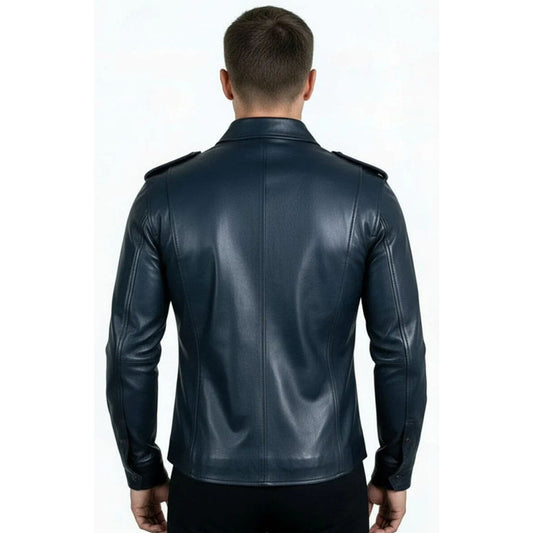 A man viewed from the back wearing a dark navy blue leather jacket with shoulder epaulets, set against a plain white background.
