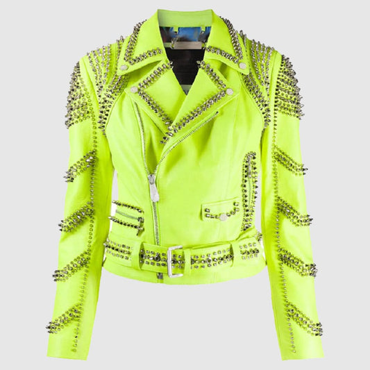 Spiked Leather Lapel Fastener Women Studded Jacket