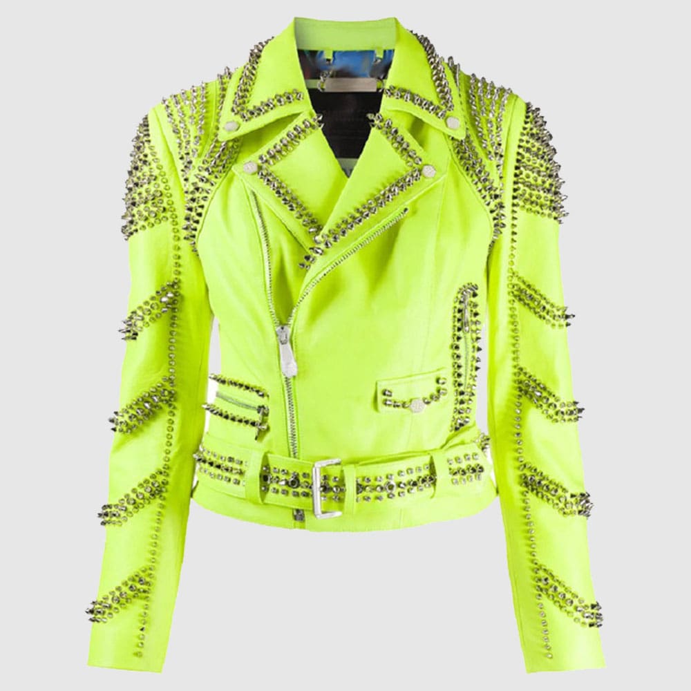 Brando Green Spiked Leather Lapel Fastener Women Studded Jacket made from genuine cowhide leather featuring handmade spikes, lapel fastener, zipper cuffs, and biker punk styling.
