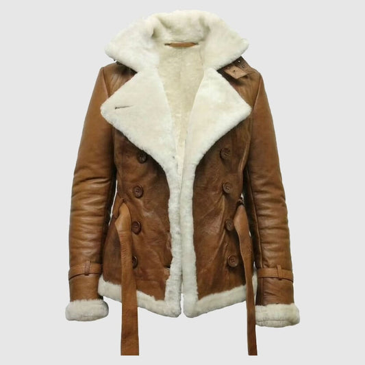 Brown pilot aviator genuine shearling leather jacket