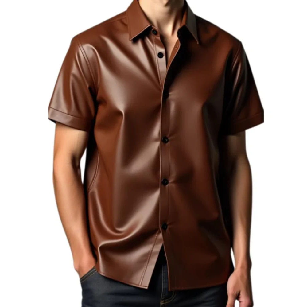 A man wearing a short-sleeve brown faux-leather button-up shirt, shown from the neck down against a plain white background.