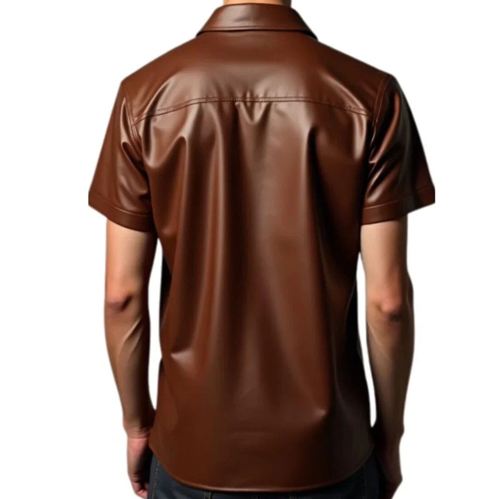 A man viewed from the back wearing a brown short-sleeve faux leather button-up shirt, set against a plain white background.