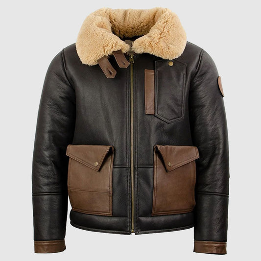 Chocolate Brown Sheepskin Leather Bomber Jacket