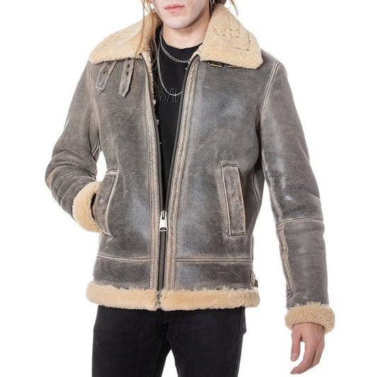 Cabral Pietro Distressed Grey B3 Aviator Real Shearling Bomber Jacket
