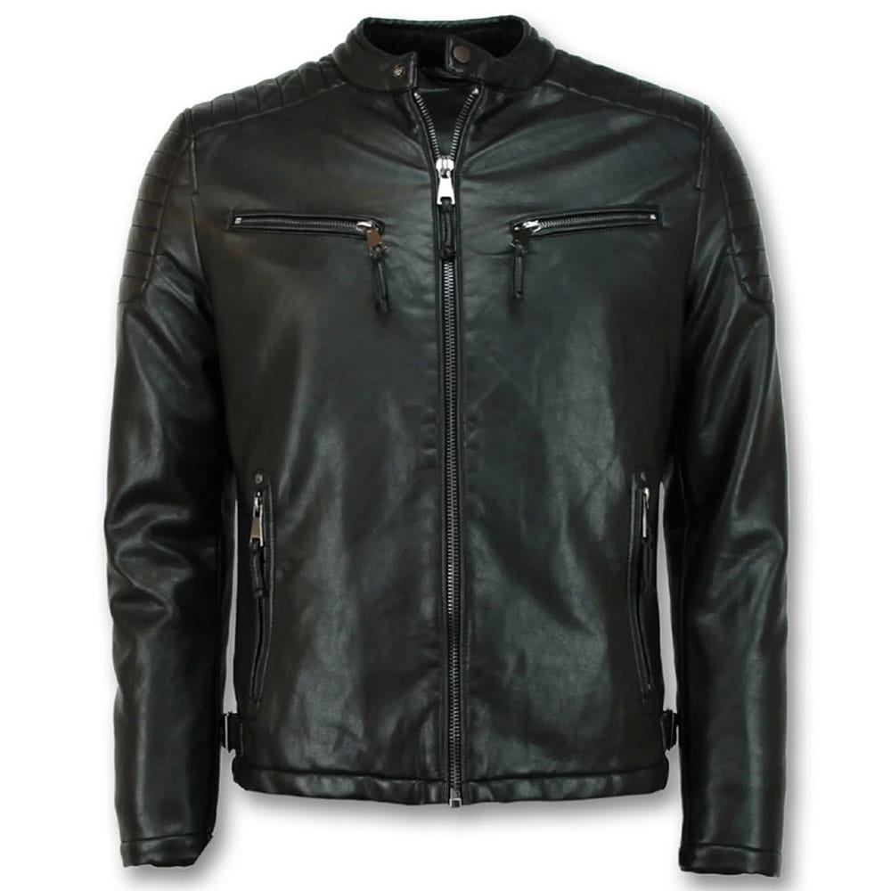 Black faux leather motorcycle jacket with a front zipper, zippered chest pockets, and side pockets, shown on a plain white background.