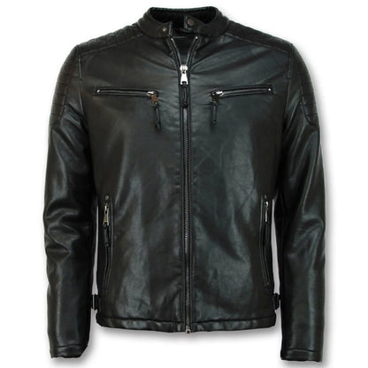 Black faux leather motorcycle jacket with a front zipper, zippered chest pockets, and side pockets, shown on a plain white background.
