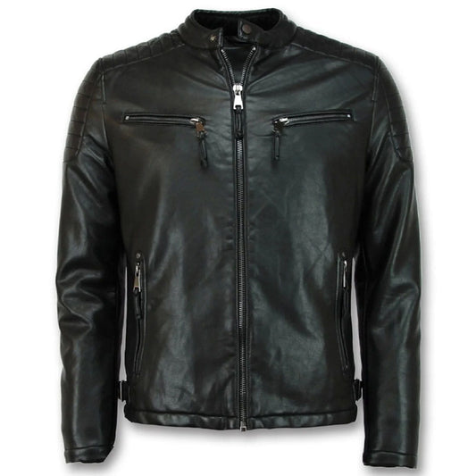Black faux leather motorcycle jacket with a front zipper, zippered chest pockets, and side pockets, shown on a plain white background.