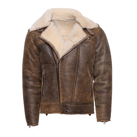 Carter's Distressed Biker bomber shearling jacket with notch lapels