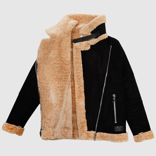 Women's Black Shearling Aviator Biker Jacket