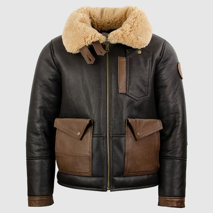 Chocolate Brown Sheepskin Leather Bomber Jacket