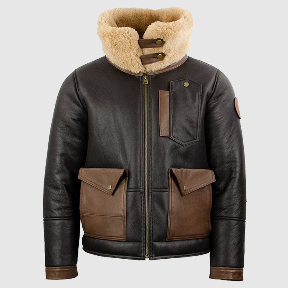 Chocolate Brown Sheepskin Leather Bomber Jacket