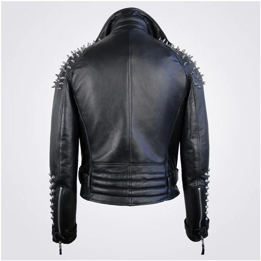Classic Black Leather Jacket With Half Spikes