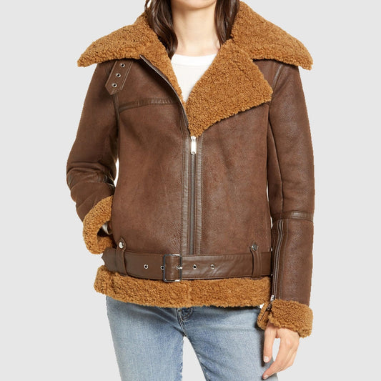 Classic Brown Women Faux Shearling Jacket