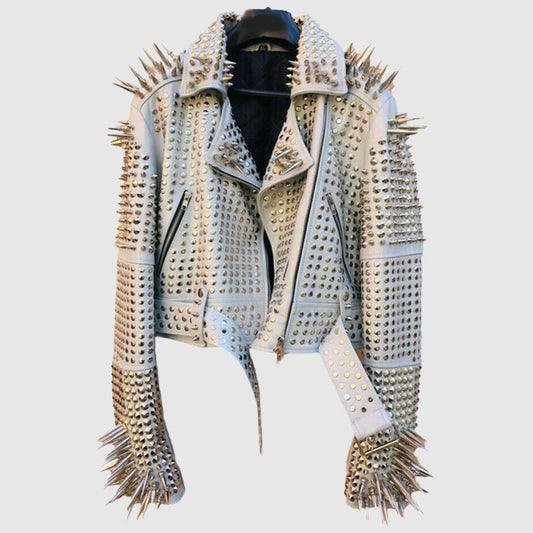Comfortable White Color Brando Metal Spiked Leather Round Studs Jacket made from genuine cowhide leather featuring handcrafted metal spikes, round studs, zipper cuffs, and Brando biker styling.