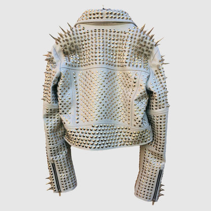 Comfortable White Color Brando Metal Spiked Leather Round Studs Jacket white