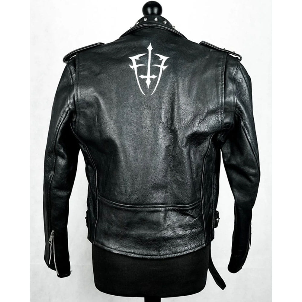 Black leather motorcycle jacket displayed on a mannequin torso, showing the back view with a white stylized emblem printed on the upper back.