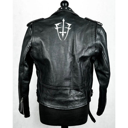 Black leather motorcycle jacket displayed on a mannequin torso, showing the back view with a white stylized emblem printed on the upper back.