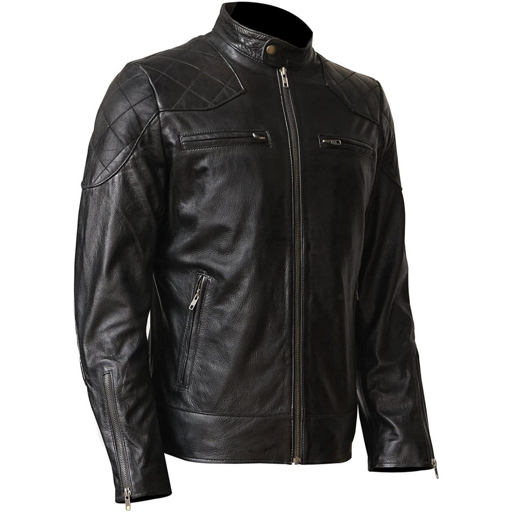 A black leather motorcycle jacket with quilted shoulder panels, a front zipper, zippered chest pockets, and zip cuffs, shown on a plain white background.