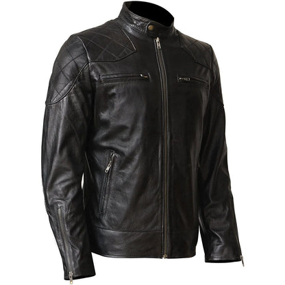 A black leather motorcycle jacket with quilted shoulder panels, a front zipper, zippered chest pockets, and zip cuffs, shown on a plain white background.