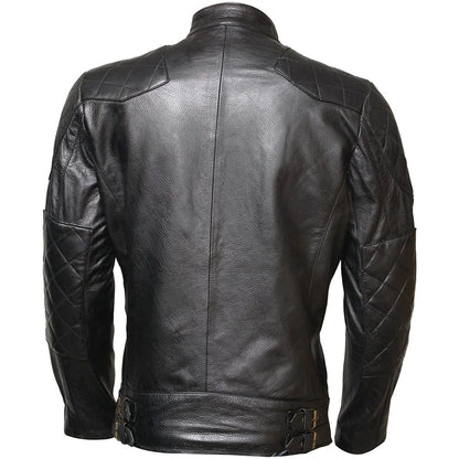 Black leather motorcycle jacket shown from the back, featuring quilted diamond-stitched panels on the shoulders and sleeves, a high collar, and belt buckle details at the waist.
