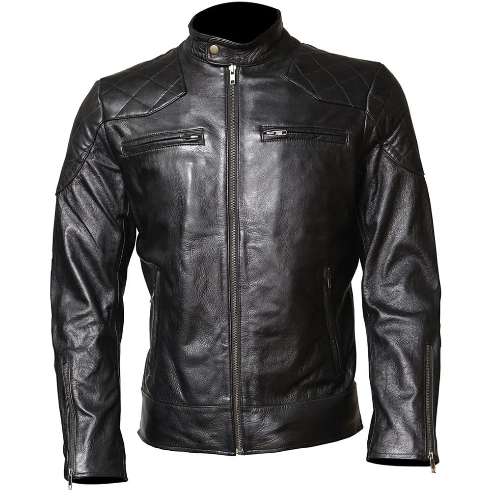 A black leather motorcycle jacket with a quilted diamond pattern on the shoulders, a high collar, and a front zipper, shown on a plain white background.