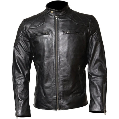 A black leather motorcycle jacket with a quilted diamond pattern on the shoulders, a high collar, and a front zipper, shown on a plain white background.