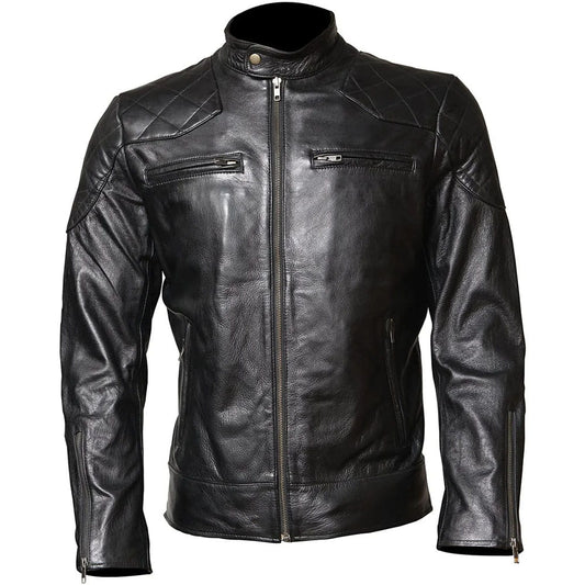 A black leather motorcycle jacket with a quilted diamond pattern on the shoulders, a high collar, and a front zipper, shown on a plain white background.