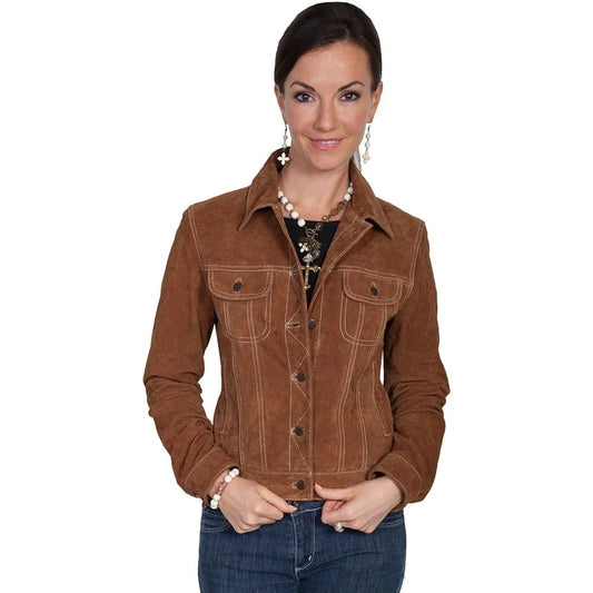 A woman modeling a brown suede western-style jacket with contrast stitching, button-front closure, and flap chest pockets, paired with dark blue jeans against a plain white background.