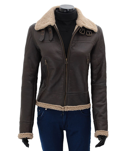 Dark Brown Leather Bomber Jacket with Shearling