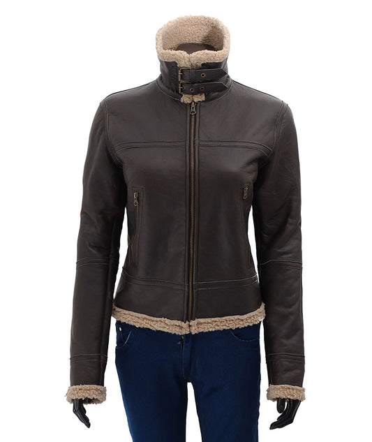 Frances Womens Leather Bomber Jacket with Shearling