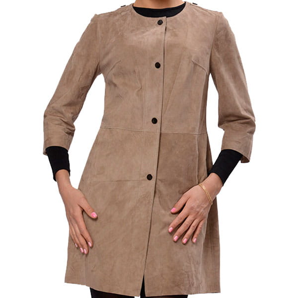 A woman wearing a taupe-brown suede-like long coat with black button closures and black ribbed cuffs, shown against a plain white background.