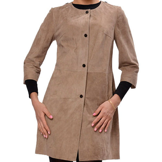 Front Buttons Suede Leather Coat For Women